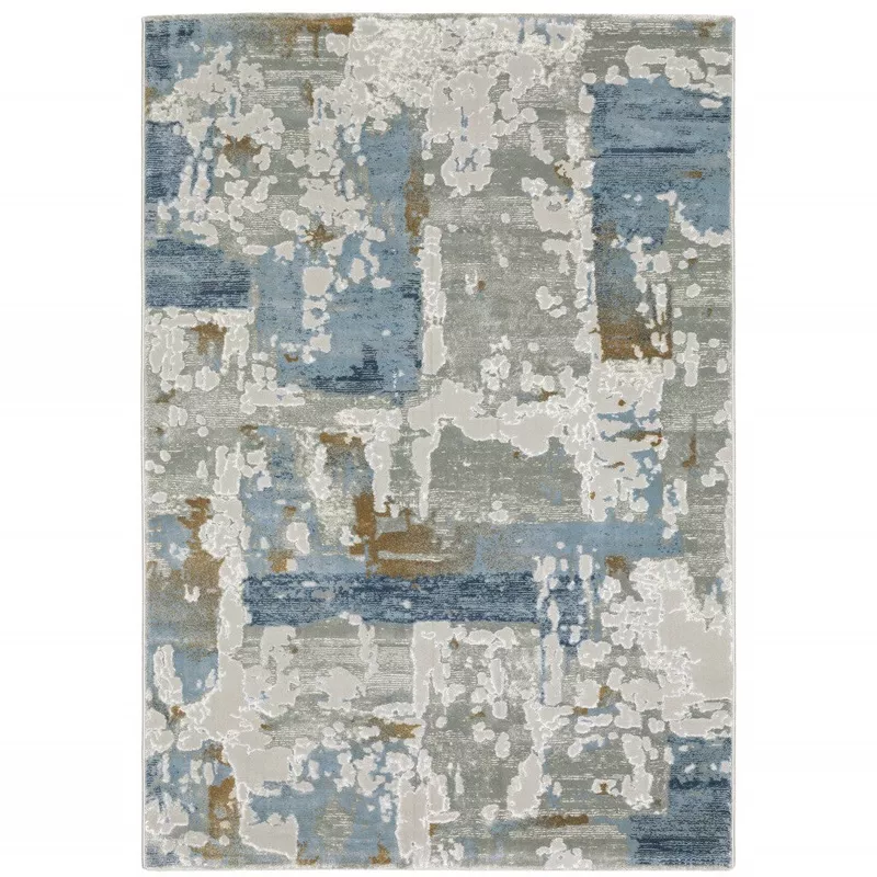 2′ X 8′ Grey Blue Navy Ivory And Brown Abstract Power Loom Stain Resistant Runner Rug