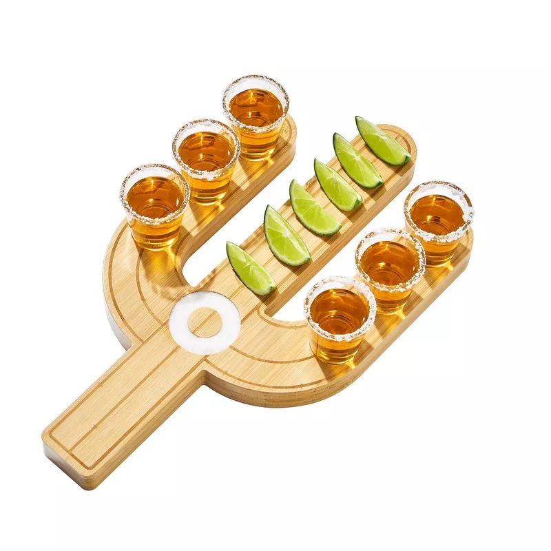 Cactus Tequila Tray & Shot Glasses Set – Tequila Gifts & Mexican Gifts – Bamboo Shot Glass Holder Serving Tray – Flight Board with Lemon Bowl, Salt Rimmer & Shot Glass Set – Party Shot Board, Gift