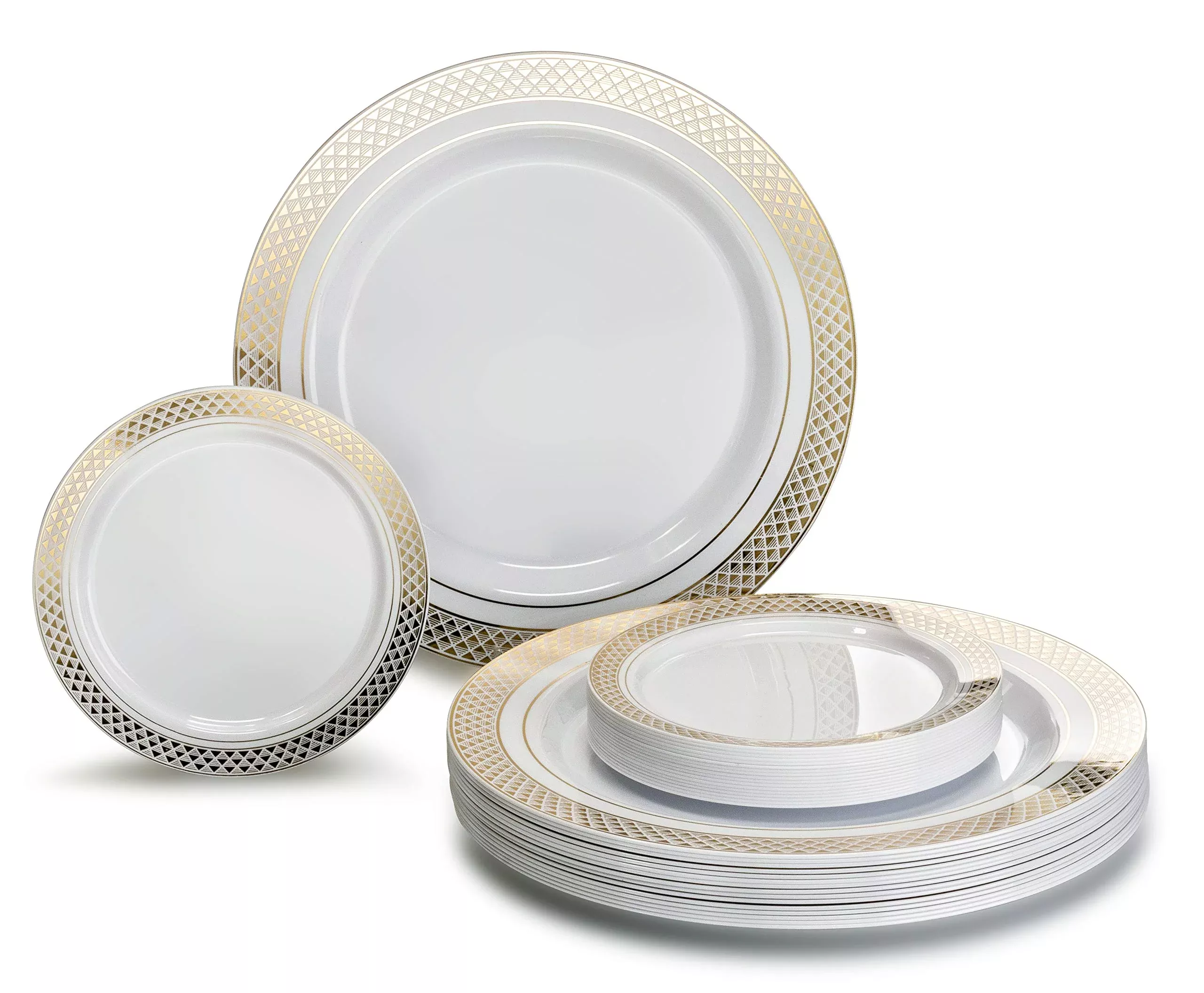 ' OCCASIONS '' 50 Plates PackHeavyweight Premium Disposable Plastic Plates Set (25 x 10.5'' Dinner + 25 x 6.25'' Cake plates) (Celebration White & Gold)